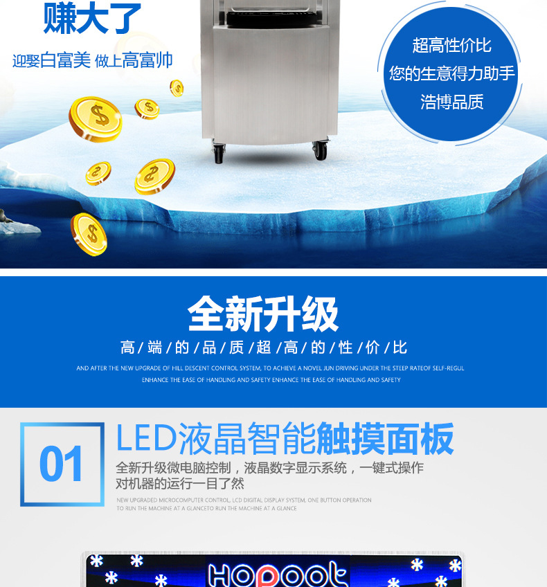 浩博冰淇淋機商用全不銹鋼軟質(zhì)冰激凌機器三色甜蛋筒雪糕機全自動